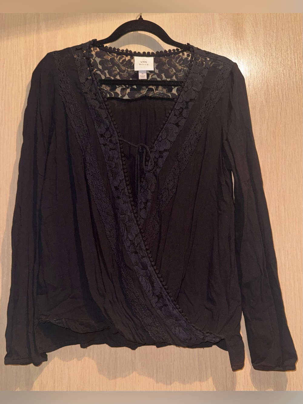 Knox Rose Black Lace-Trim Wrap Blouse